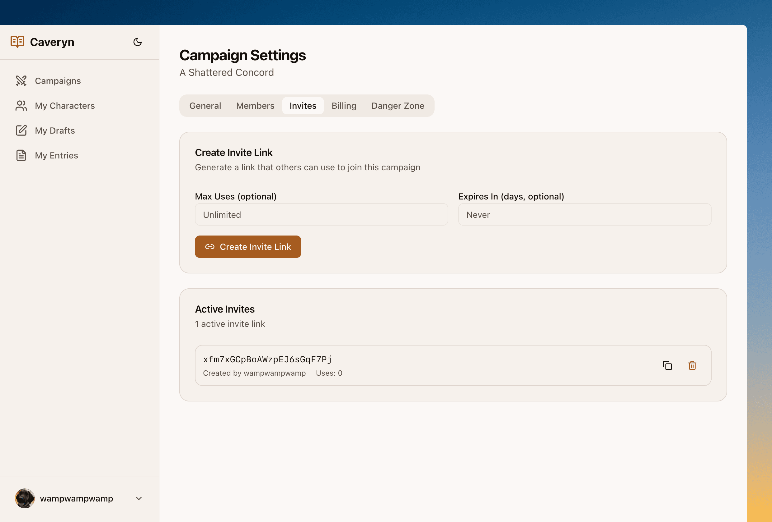 Caveryn invite screen showing how to share campaign links with players